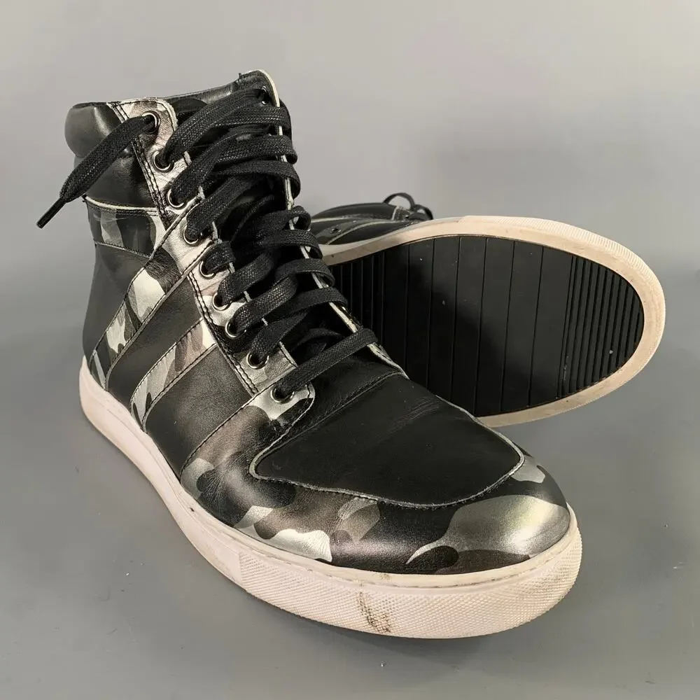 BADGLEY MISCHKA Size 12 Black Silver Camo Leather High Top Sneakers